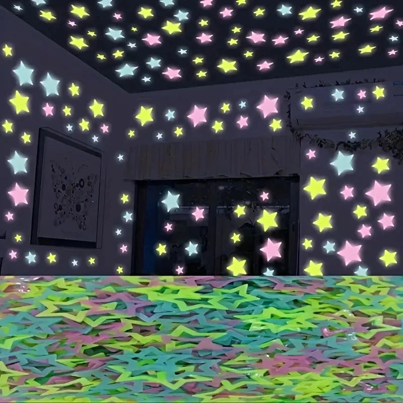 100Pcs Glow in the Dark Star & Moon 3D Wall Stickers – Bedroom