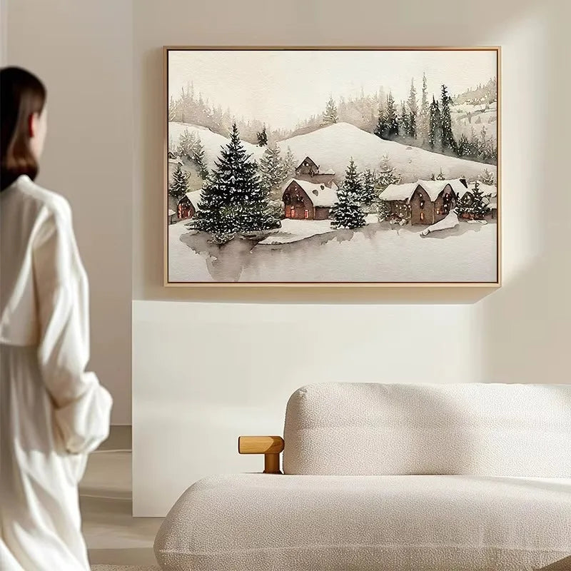 Winter Snowscape Pine Forest House Oil Painting Style Posters Prints Canvas Printing Wall Art Picture for Living Room Home Decor Peaceful Pleasures Health and Wellness