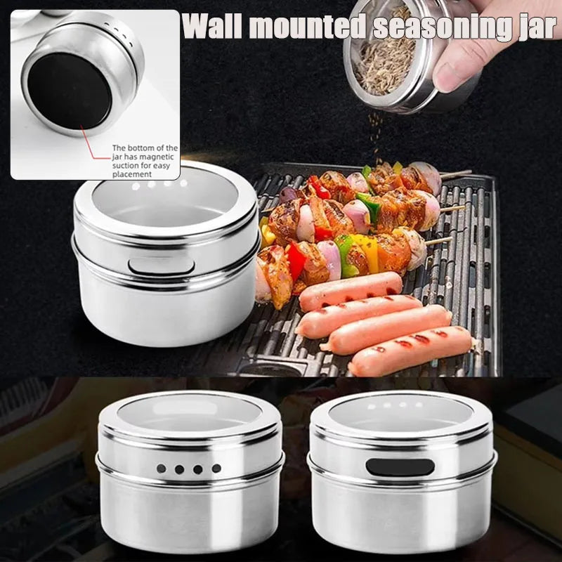 Magnetic Stainless Steel Spice Jars | Wall Mount BBQ Seasoning