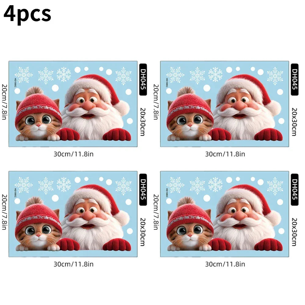 Christmas Window Door Mirror Stickers Santa Claus Cat Snowflake Glass Window Electrostatic Decal for Christmas Party Decoration Peaceful Pleasures Health and Wellness 4pcs