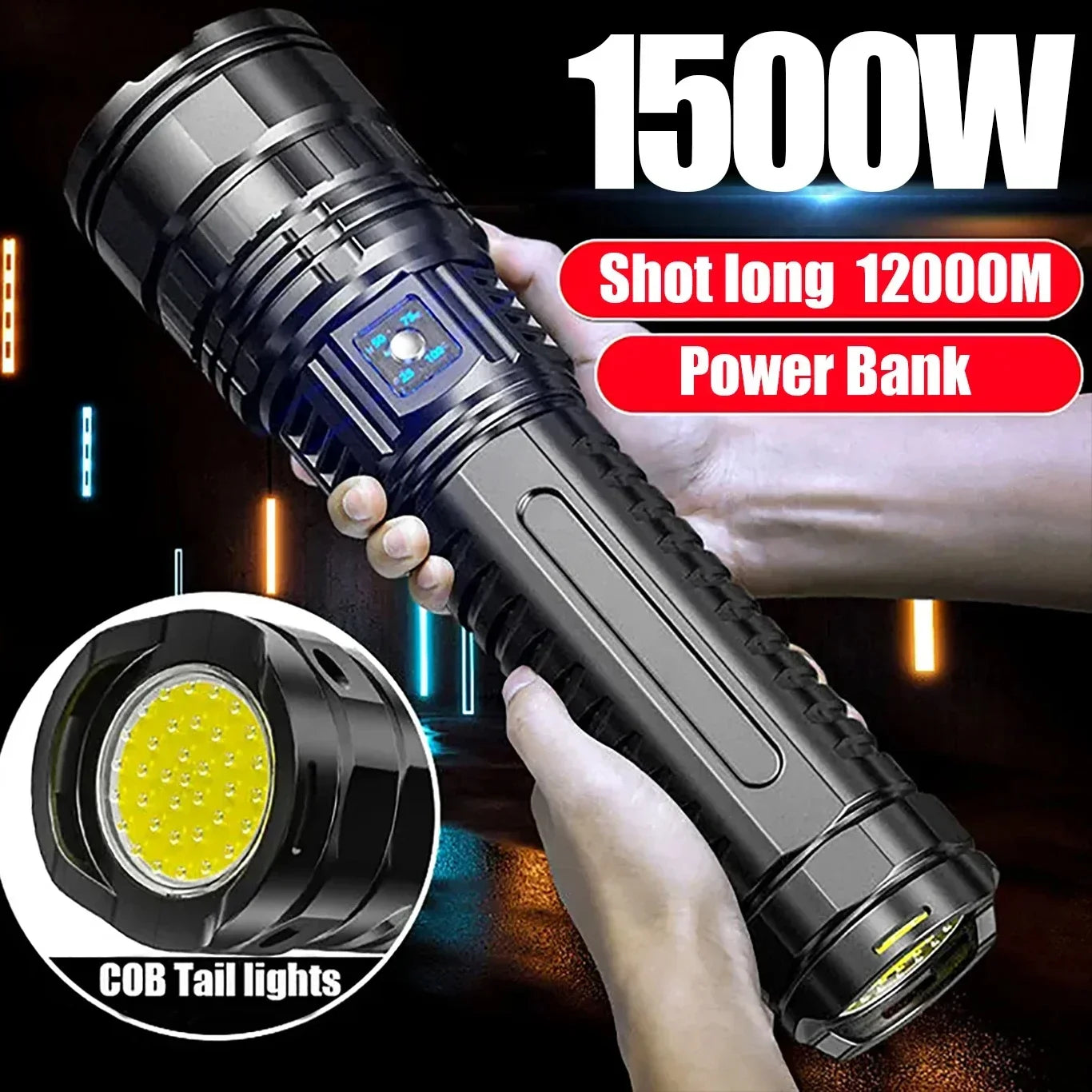 ESMARTER S33 Tactical LED Flashlight – 1500W Rechargeable Torch