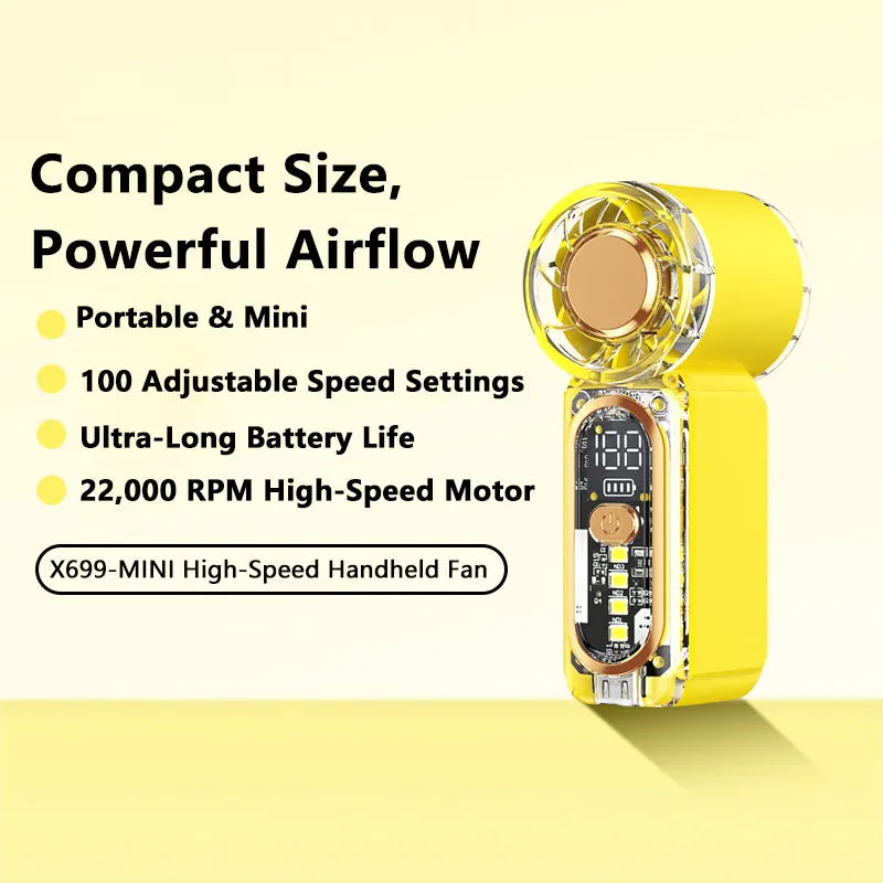 High Speed Small Fan USB Rechargeable Portable Handheld Strong Wind Pocket Fan Violent Air Cannon High Speed Turbo Fan Peaceful Pleasures Health and Wellness Yellow