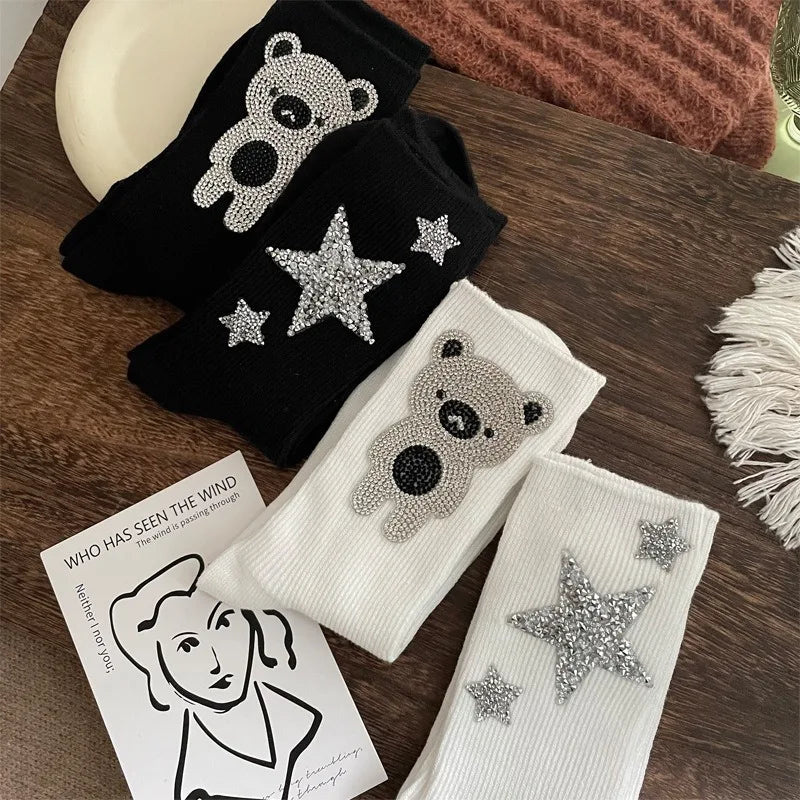 Diamond Cartoon Bear Decorative Socks, Fashionable Diamond Sparkling Women's Socks, Comfortable And Breathable Christmas Socks Peaceful Pleasures Health and Wellness