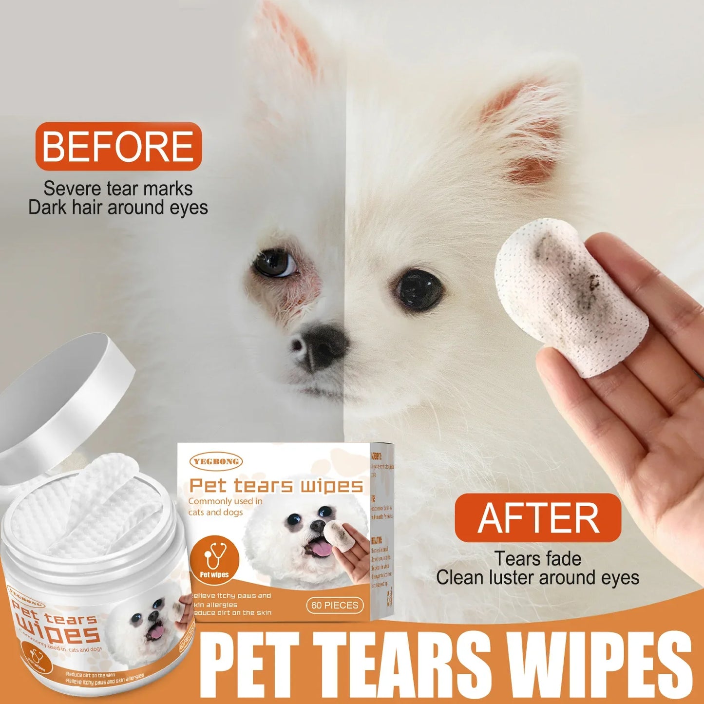 Pet Eye Wipes – Tear Stain Remover for Dogs & Cats 60 Pads