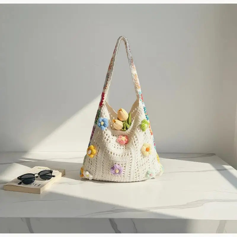 Large Boho Floral Crochet Tote Bag | Hollow Knit Handbag