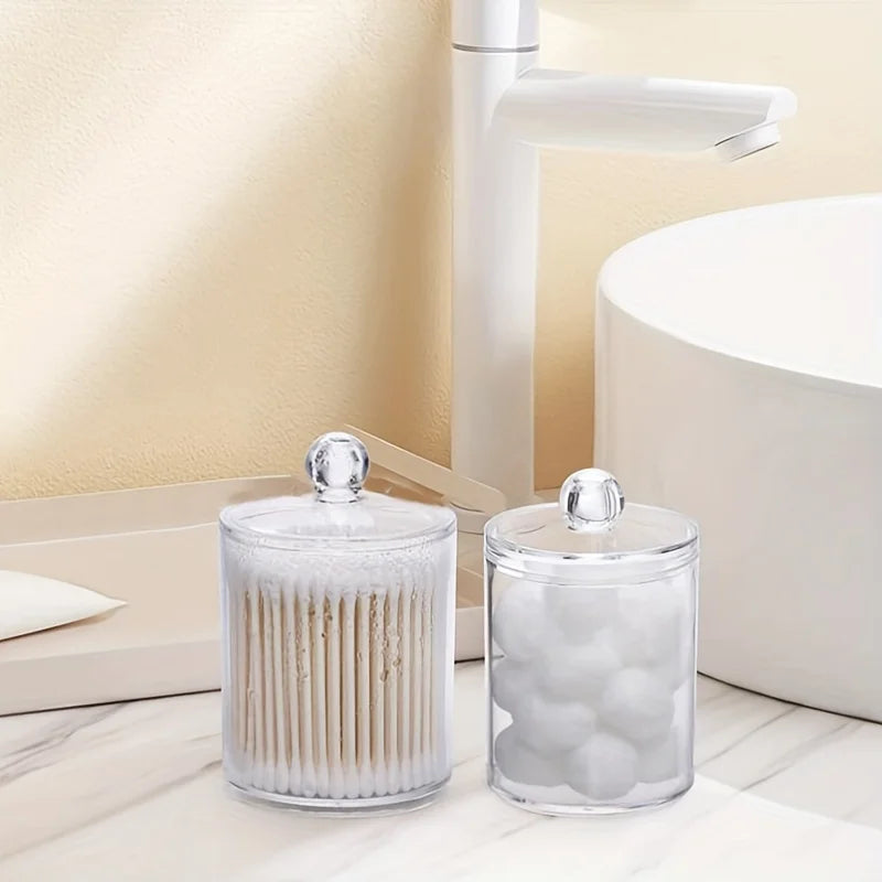 4 Pack Qtip Holder 12 oz, 10 oz Restroom Bathroom Organizers and Storage Containers, Clear Plastic Apothecary Jars with Lids Peaceful Pleasures Health and Wellness