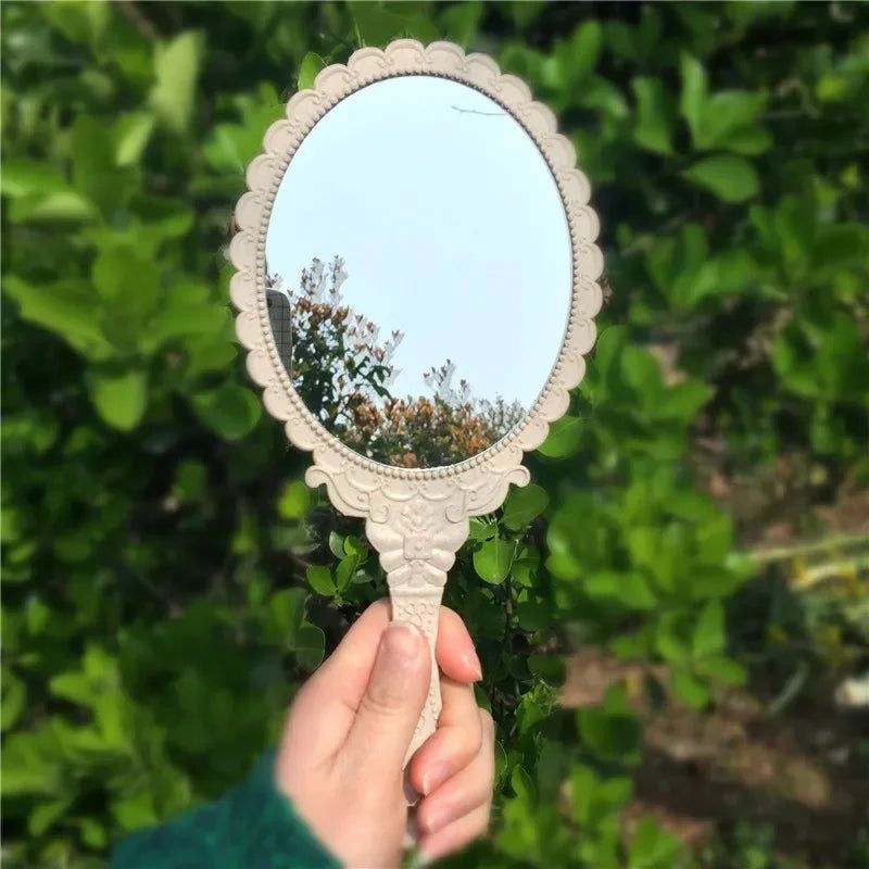 2pcs Ladies Makeup Hand Hold Mirror, Oval Round, Floral, Vintage, Princess Lady Beauty Dresser Gift Peaceful Pleasures Health and Wellness Beige