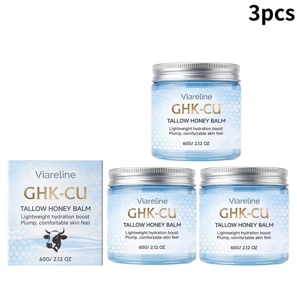 Viareline GHK-CU Copper Peptide Tallow Balm Facial Cream Body Moisturizer Lightweight Hydrate Honey Blue Balm for All Skin Types Peaceful Pleasures Health and Wellness 60ml X 3