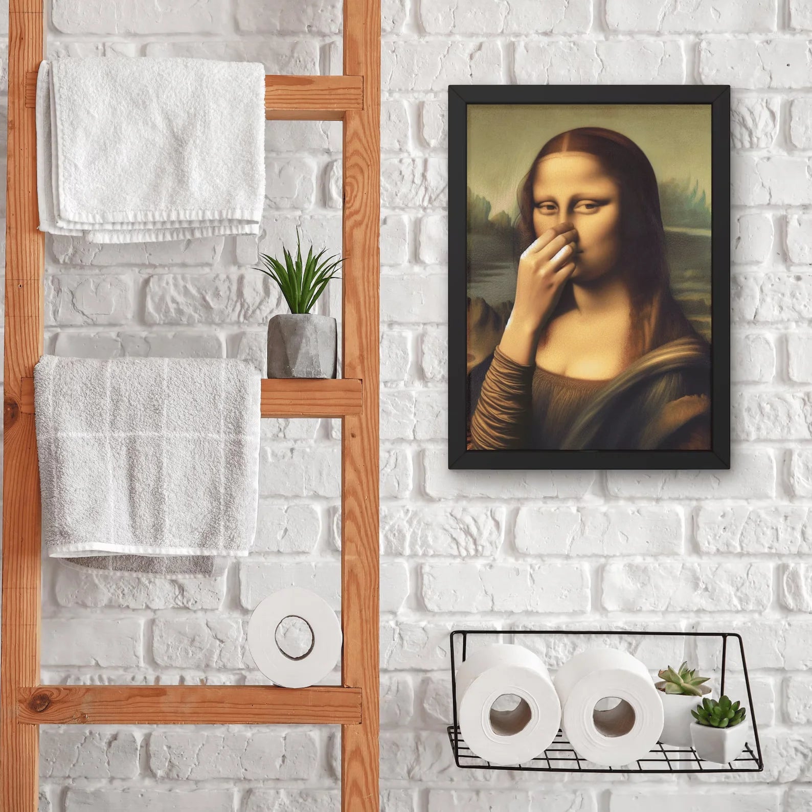 Parody Mona Lisa Bathroom Wall Art Decor Covering her Nose Vintage Bad Smell Poster Print Toilet Humor Funny Leonardo Davinci In Peaceful Pleasures Health and Wellness