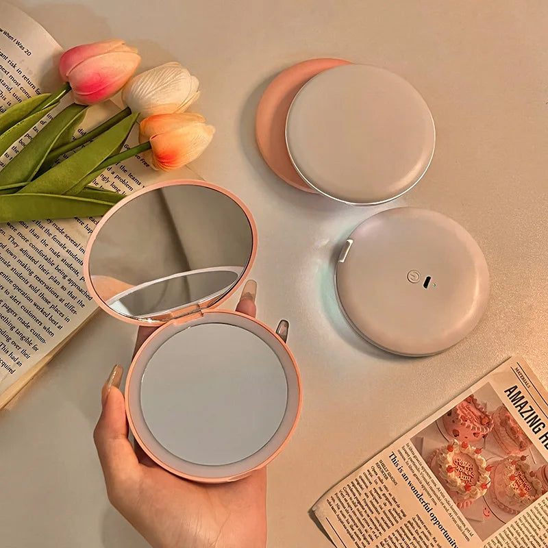 New Makeup Mirror Portable Portable Small Mirror with Light LED Touch Up Mirror Pocket Handheld Illuminated Folding Round Mirror Peaceful Pleasures Health and Wellness