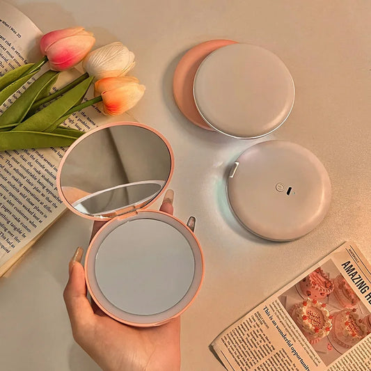 New Makeup Mirror Portable Portable Small Mirror with Light LED Touch Up Mirror Pocket Handheld Illuminated Folding Round Mirror Peaceful Pleasures Health and Wellness