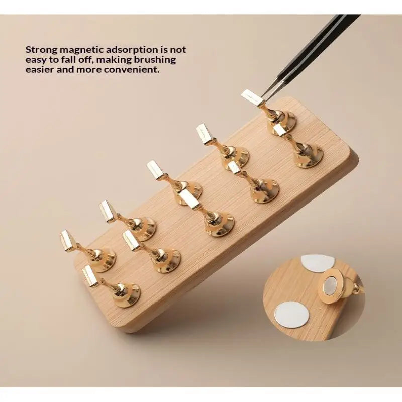 Double Row Magnetic Nail Holder Practice Display Stand UV Gel Polish 10 Chess Wooden Base Showing Shelf Manicure Tool Peaceful Pleasures Health and Wellness