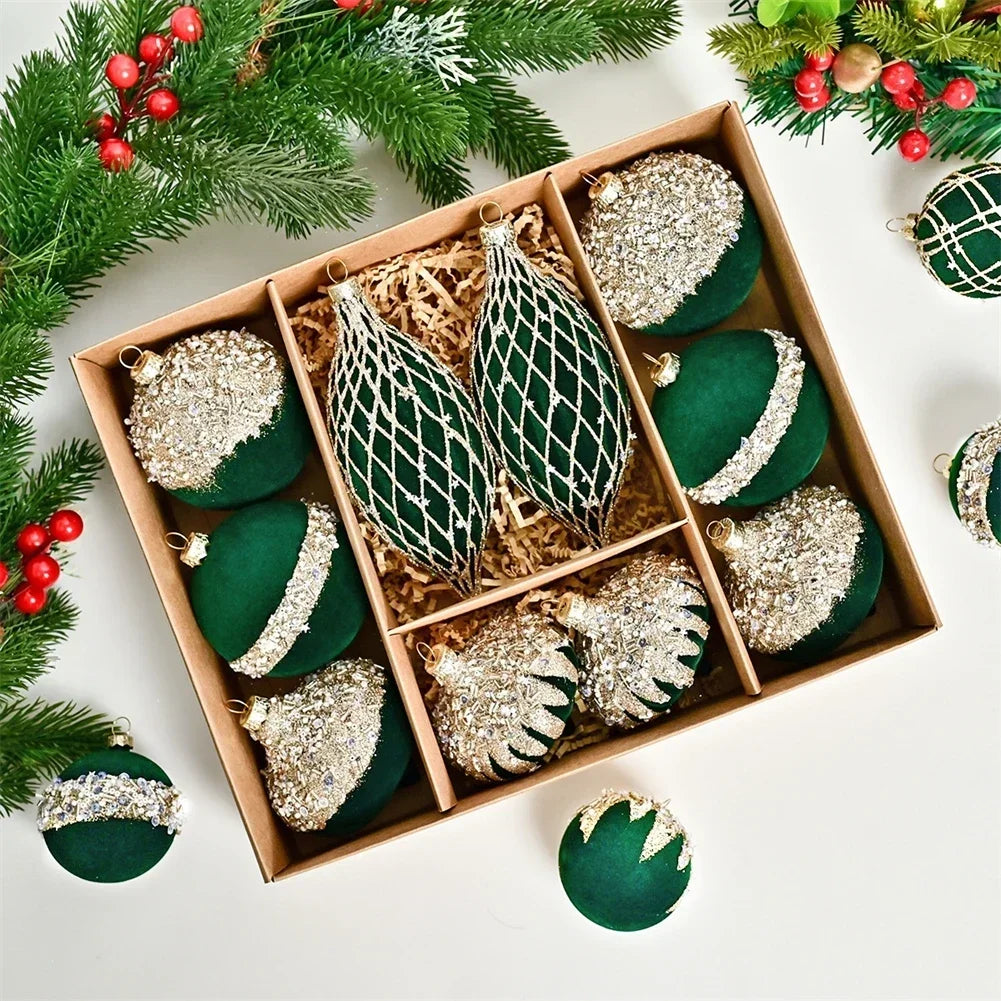 10-Pack 8cm Flocked Christmas Ball Ornaments | Red & Green