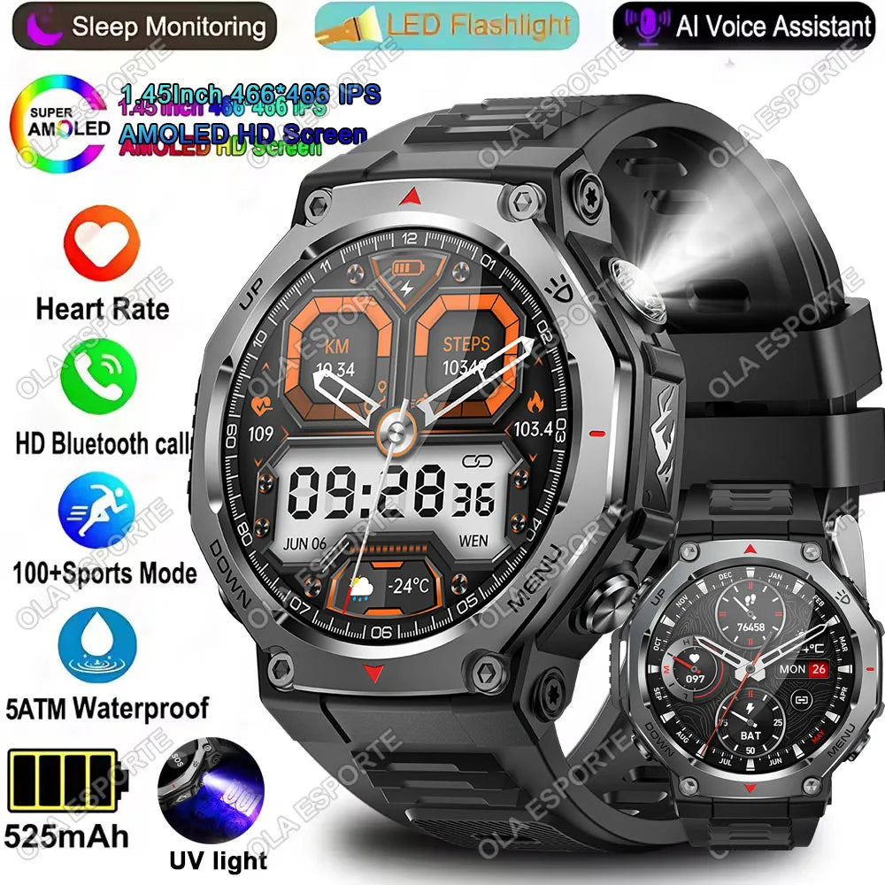 Military-Grade Outdoor Sports Smartwatch 520mAh GPS LED Flashlight Bluetooth Call Fitness Tracking Heart Rate Smart Watch Men Peaceful Pleasures Health and Wellness 2Bk