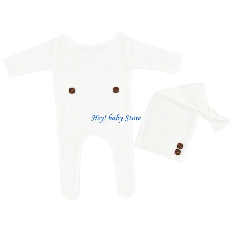 Newborn Knitted Romper & Turban Hat Set | Baby Photo Prop