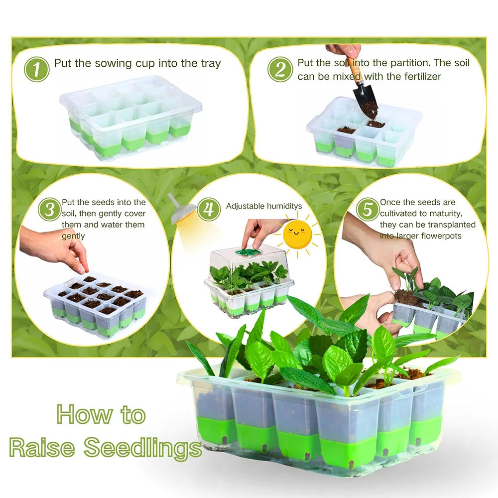 12-cell Seedling Starter Tray with Transparent Cover Garden Greenhouse Growth Potting Adjustable Humidity Germination Box Indoor Peaceful Pleasures Health and Wellness