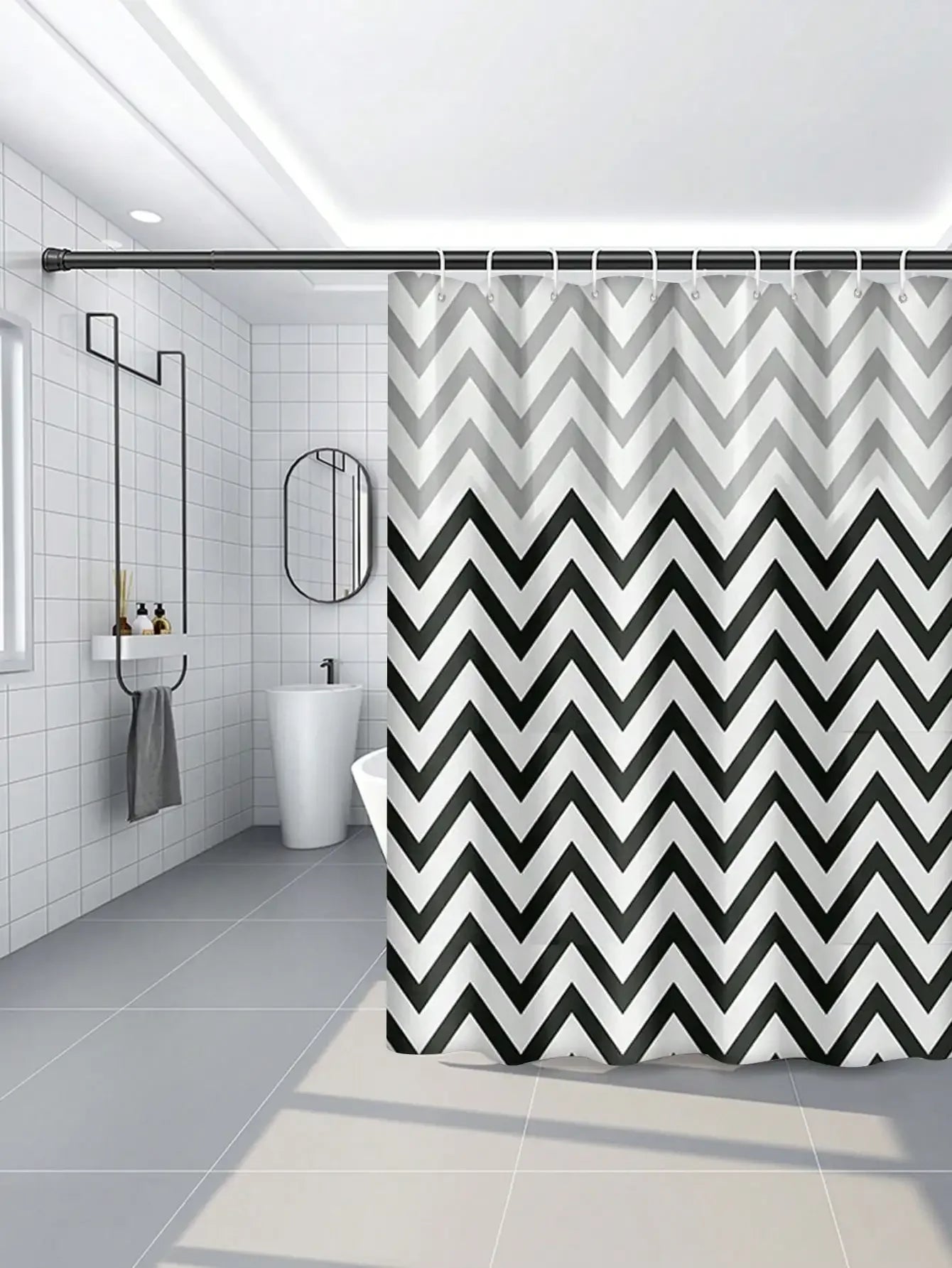 Modern Chevron Shower Curtain – Black & White Waterproof PEVA