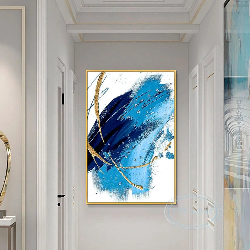 Canvas Wall Art Blue Oil Painting Handmade Gold Leaf Aesthetics Mural Living Room Bedroom Restaurant Porch Luxury Decor Poster Peaceful Pleasures Health and Wellness