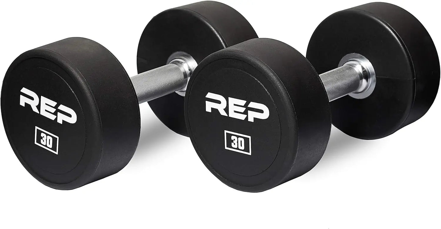 Pair of black dumbbells with 'REP' branding on a white background