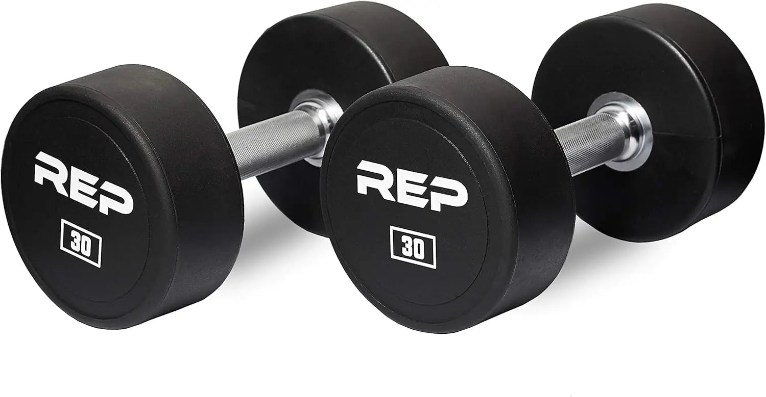 Pair of black dumbbells with 'REP' branding on a white background