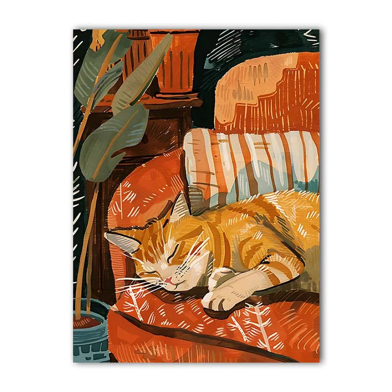 Nordic Wall Art Cute Cat Sleeping Gouache Vintage Canvas Painting Nordic Style Poster Prints Bedroom Living Room Wall Decor Peaceful Pleasures Health and Wellness 01 50x70cm NoFrame China Mainland