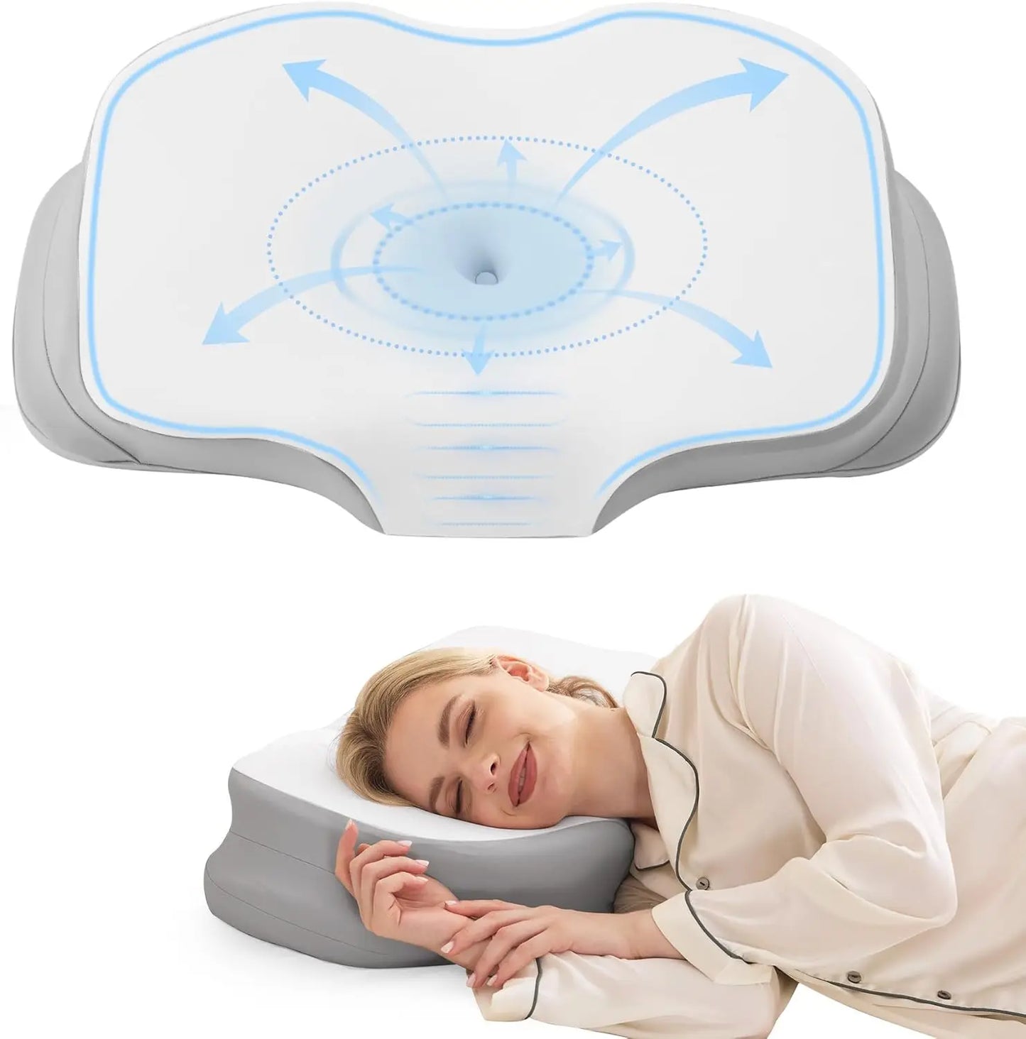 Woman lying down with a gray pillow and blue diagram above her head
