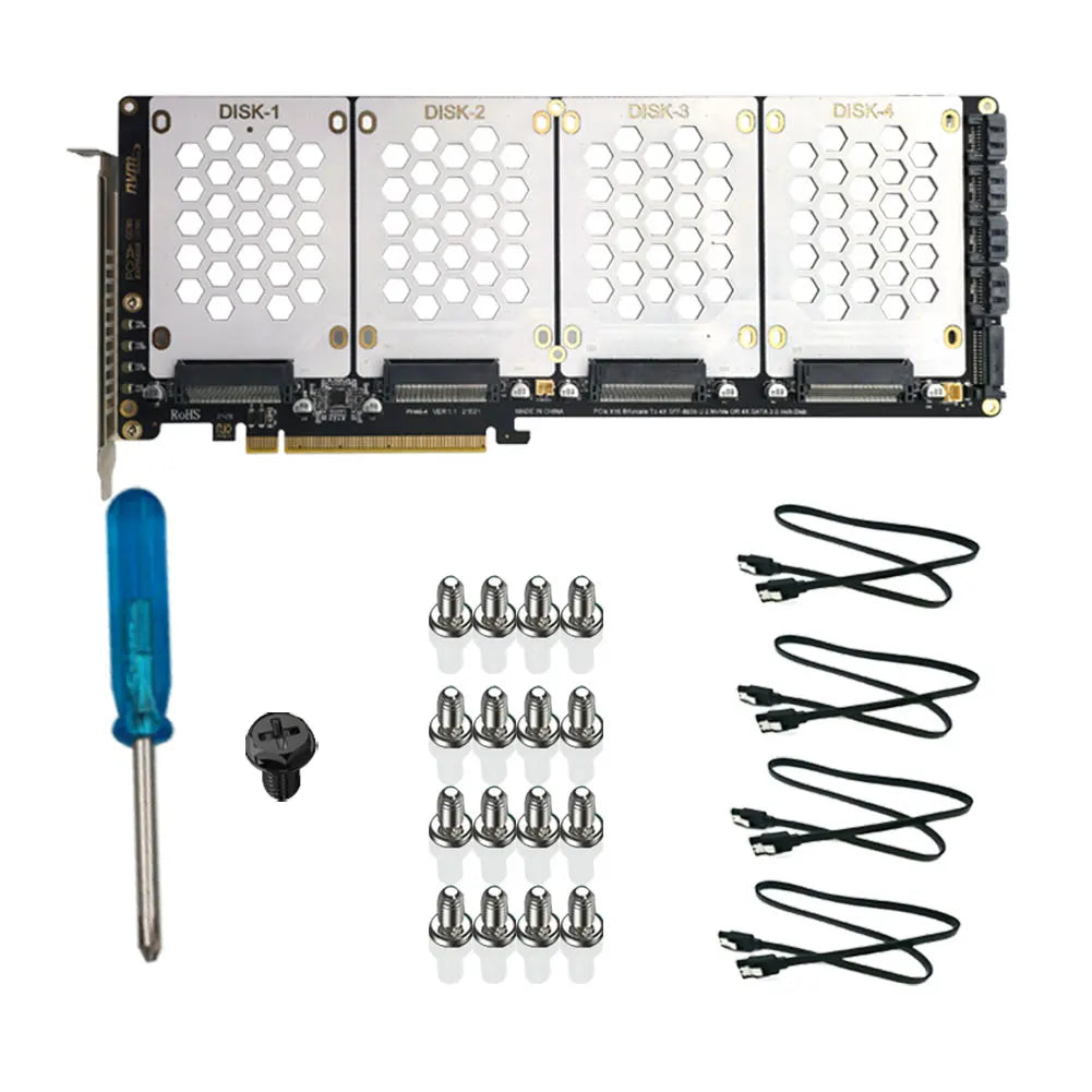 4-Port PCI-E 4.0 16X 2.5Inch SATA Adapter Card Motherboard Support PCIe X4x4x4x4 Bifurcation U.2 To PCIe Card for PC Peaceful Pleasures Health and Wellness as show