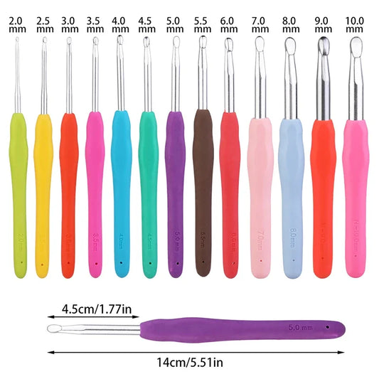 14pcs Colorful Rubber Handle Knitting Needles Kit With Sewing Clips Plastic Needles Staniless Steel Scissors Crochet Hooks Set Peaceful Pleasures Health and Wellness