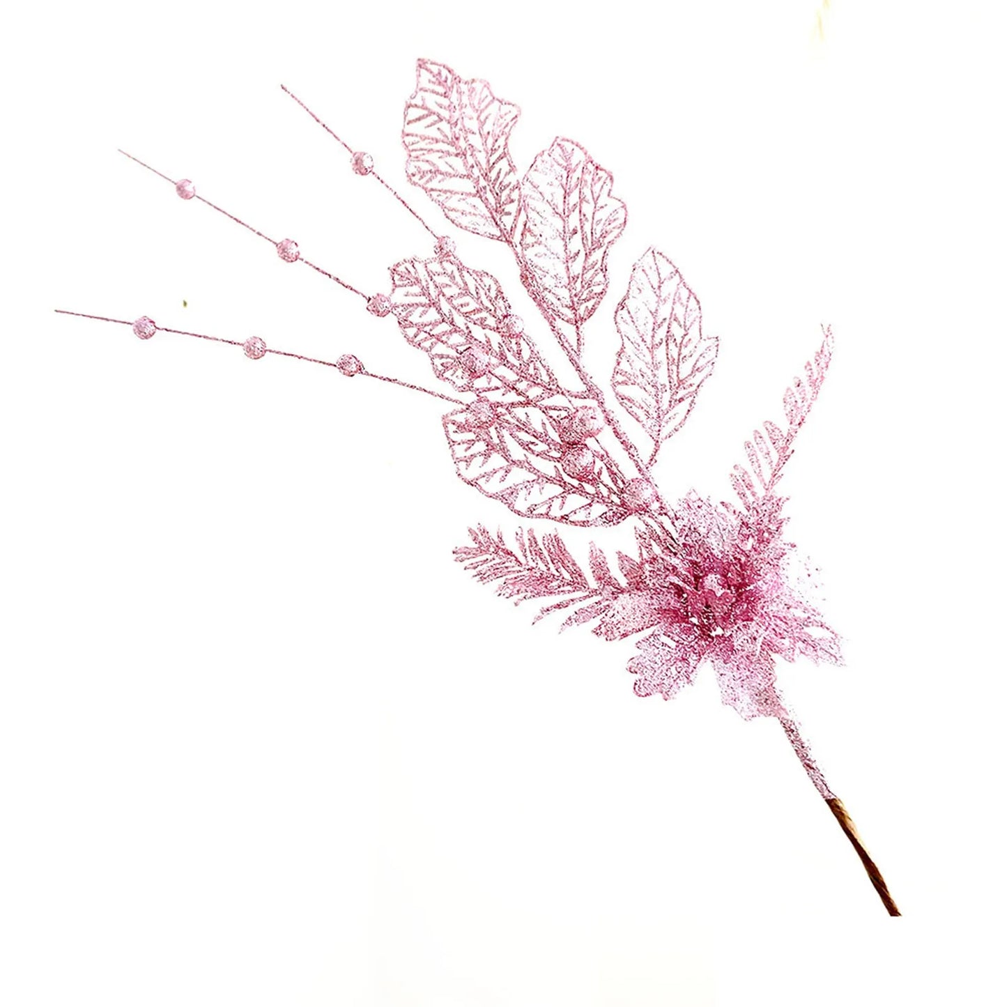 Christmas Tree Decoration Gold Lily Branch Home Decor Xmas Artificial Flower Leaves Berry Plug-In Glitter Fake Berries Branches Peaceful Pleasures Health and Wellness Light pink One Size