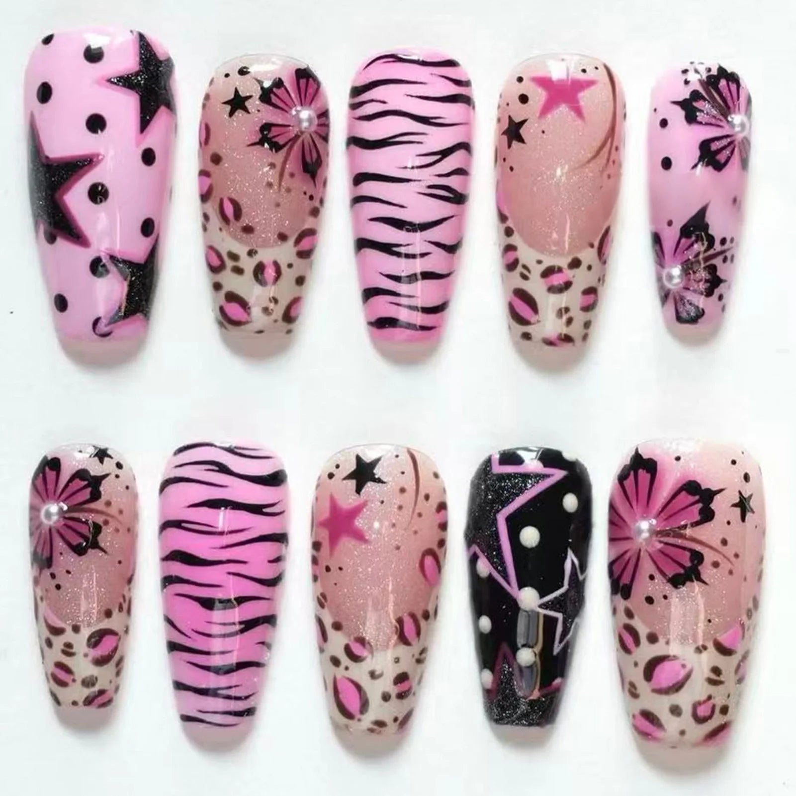 24pcs Women's False Nails Y2k Five-pointed Star 3D Pearl Decorated Fake Nails For Spicy Girl Leopard Print Flower Manicure Art Peaceful Pleasures Health and Wellness 01