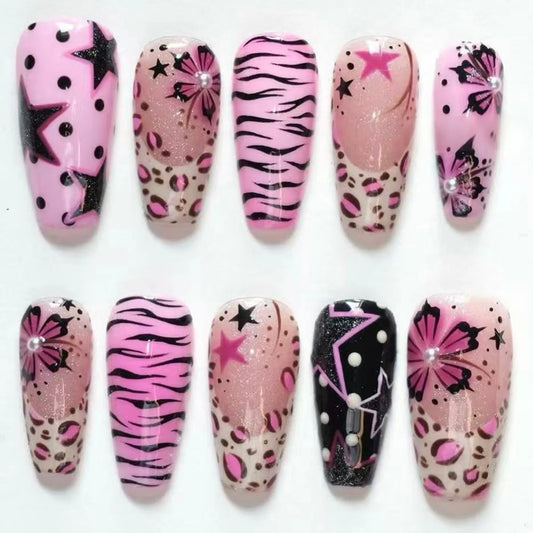 24pcs Women's False Nails Y2k Five-pointed Star 3D Pearl Decorated Fake Nails For Spicy Girl Leopard Print Flower Manicure Art Peaceful Pleasures Health and Wellness 01