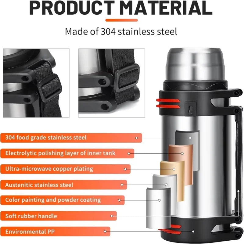 Outdoor travel, camping - stainless steel vacuum insulated bottle - large capacity thermos flask - keeps warm or cold Peaceful Pleasures Health and Wellness