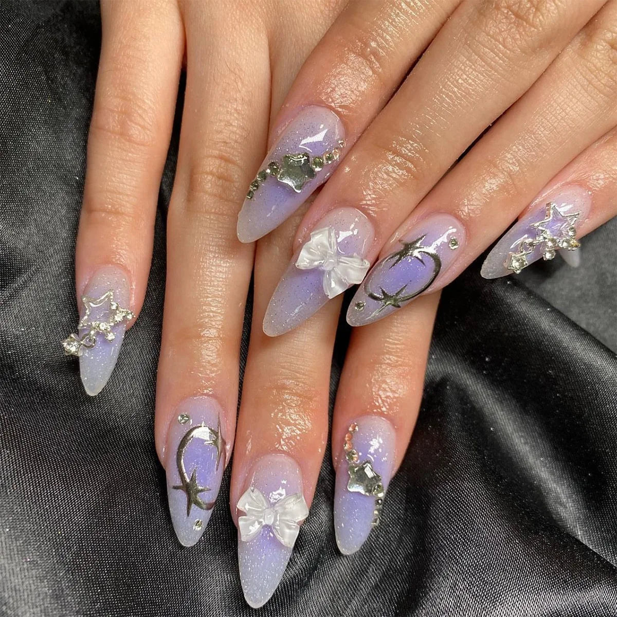 24Pcs Almond Press on Fake Nails French False Nails with Pink Bow Flower Design Oval Manicure Wearable Full Cover Fake Nail Tips Peaceful Pleasures Health and Wellness J6