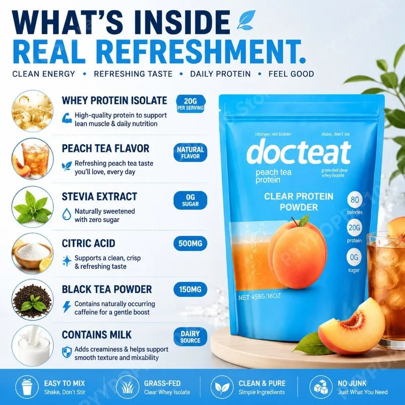 Docteat Peach Tea Clear Whey Isolate Protein Powder 455g