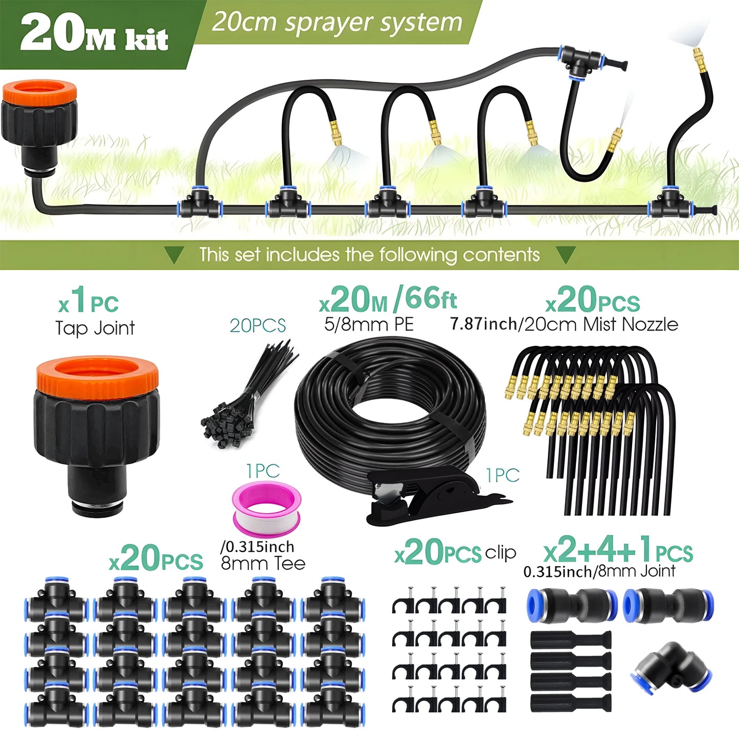 30M-5M DIY Free Bending Universal Sprayer Kit 8mm Hose Patio Misting Cooling System for Garden Plant Fogging Watering Irrigation Peaceful Pleasures Health and Wellness 20M kit