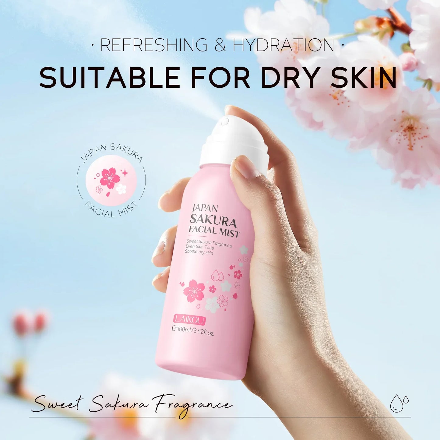 LAIKOU Sakura Facial Mist Brightening Spray Moisturizing Face Serum Brightening Toner Shrink Pores Oil Controlg Skincare 100ml Peaceful Pleasures Health and Wellness 100ml