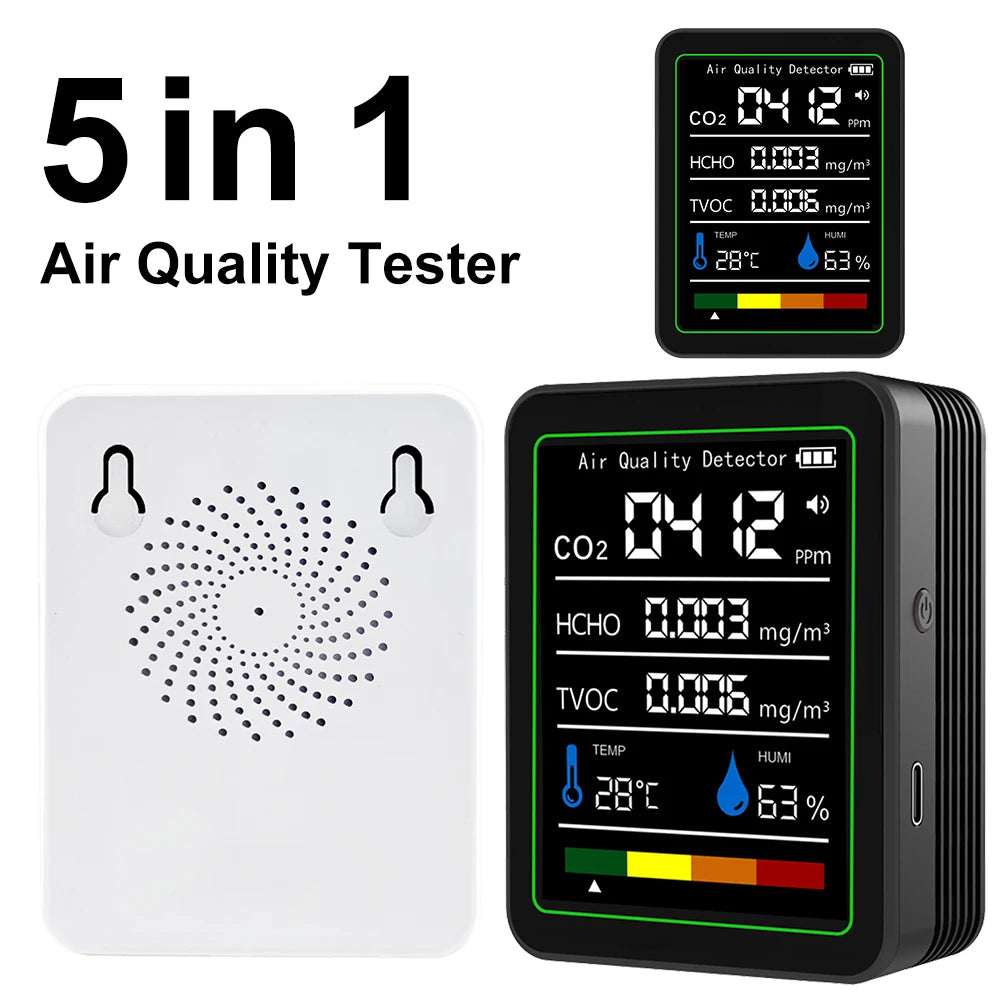 5-in-1 Air Quality Monitor | CO2, TVOC, Formaldehyde, Temp & Humidity