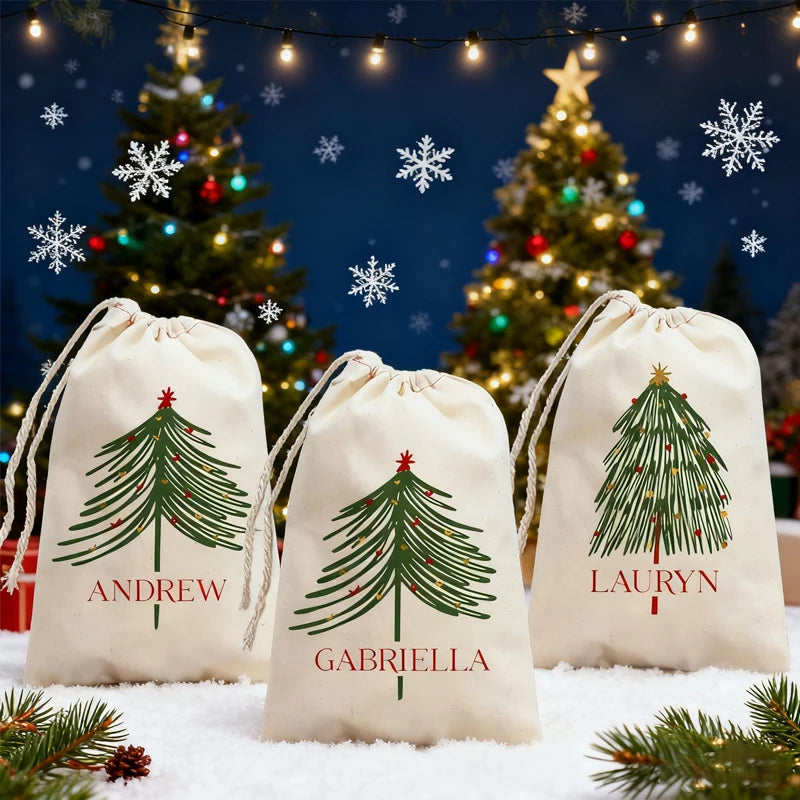 3-Pack Personalized Christmas Tree Drawstring Gift Bags for Kids Holiday Gift Bags Peaceful Pleasures Health and Wellness