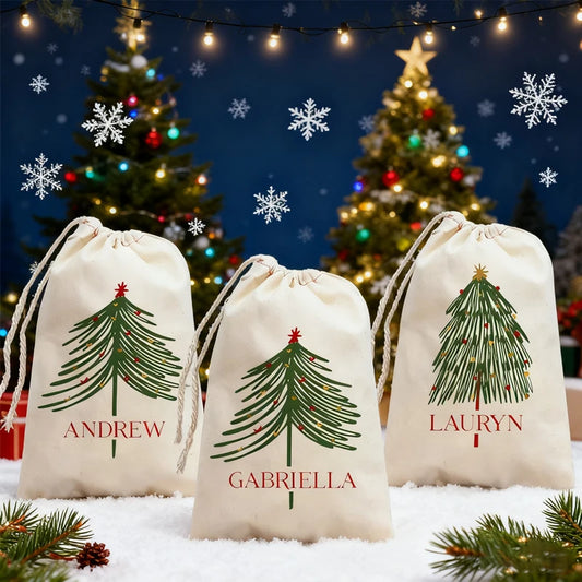 3-Pack Personalized Christmas Tree Drawstring Gift Bags for Kids Holiday Gift Bags Peaceful Pleasures Health and Wellness