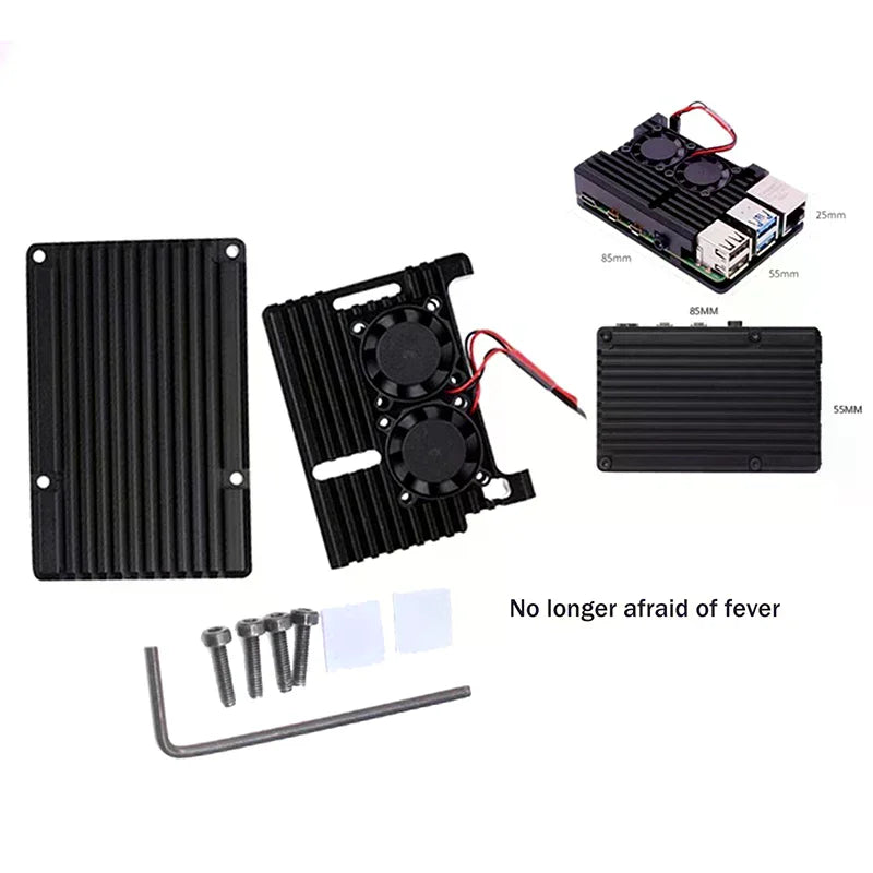 Raspberry Pi 4 Aluminum Case with Dual Cooling Fan – Black Metal