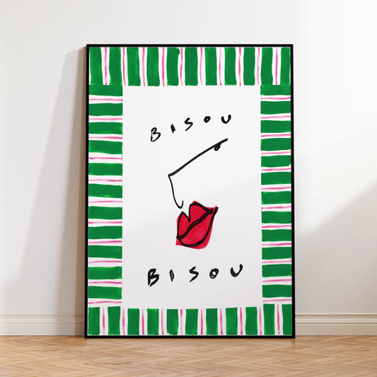 French BISOU Kiss Canvas Wall Art Print | Modern Home Decor Canvas Wall Art Peaceful Pleasures Health and Wellness G4905 21x30cm Metal Framed