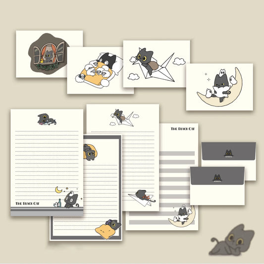 Cute Little Black Cat Envelope Paper 4 Sheets Envelopes Suitable Peaceful Pleasures Health and Wellness WHITE