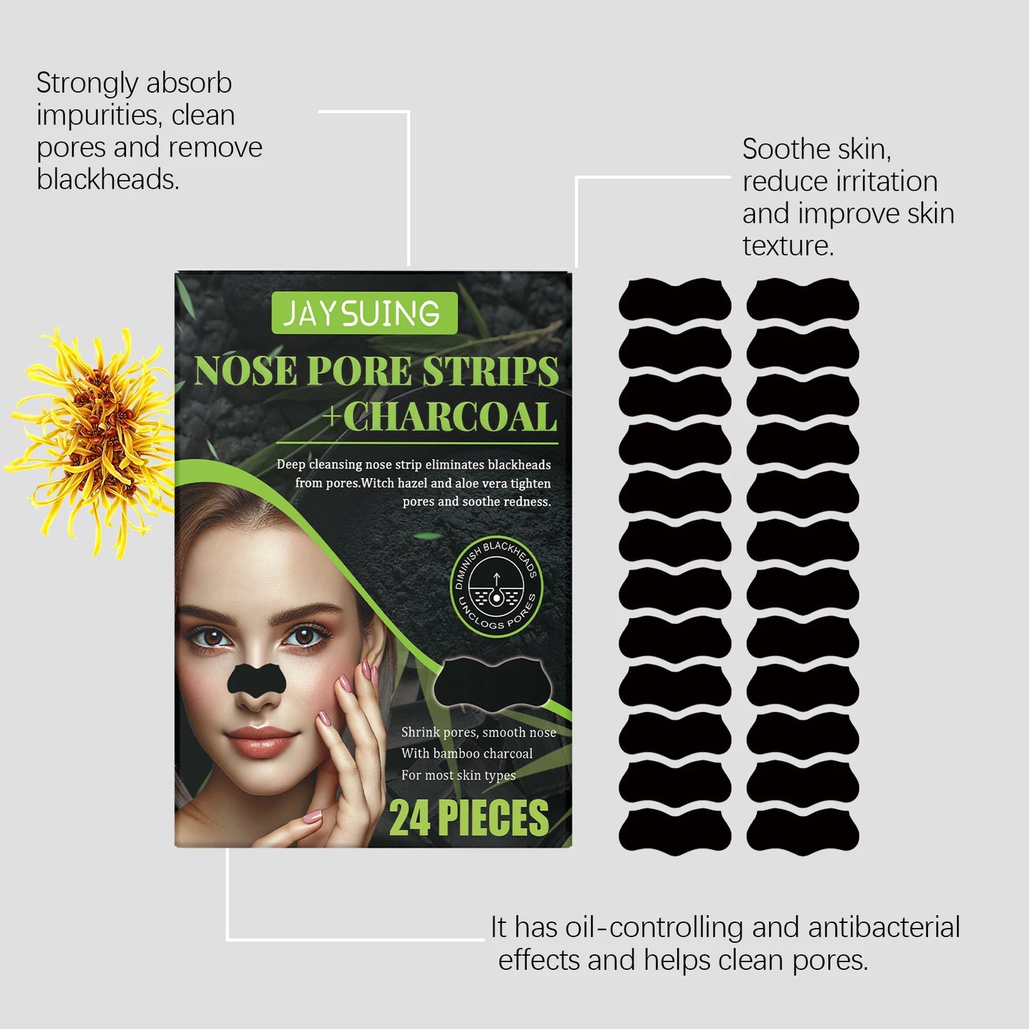 Jaysuing 24-Pack Charcoal Nose Pore Strips – Deep Cleansing