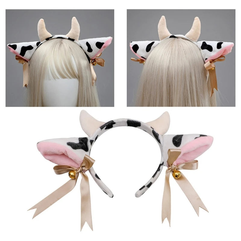 Cartoon Plush Cow Ears Horn Headband Small Bells Ribbon Bow Anime