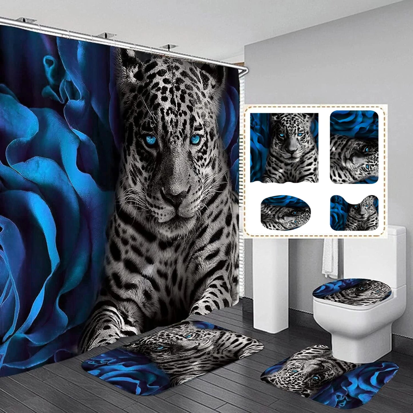 4pcs Set Doormat Shower Curtain with Non-Slip Rugs Toilet Seat Cover Bath Carpet Durable Waterproof Bathroom Home Entrance Decor Peaceful Pleasures Health and Wellness K