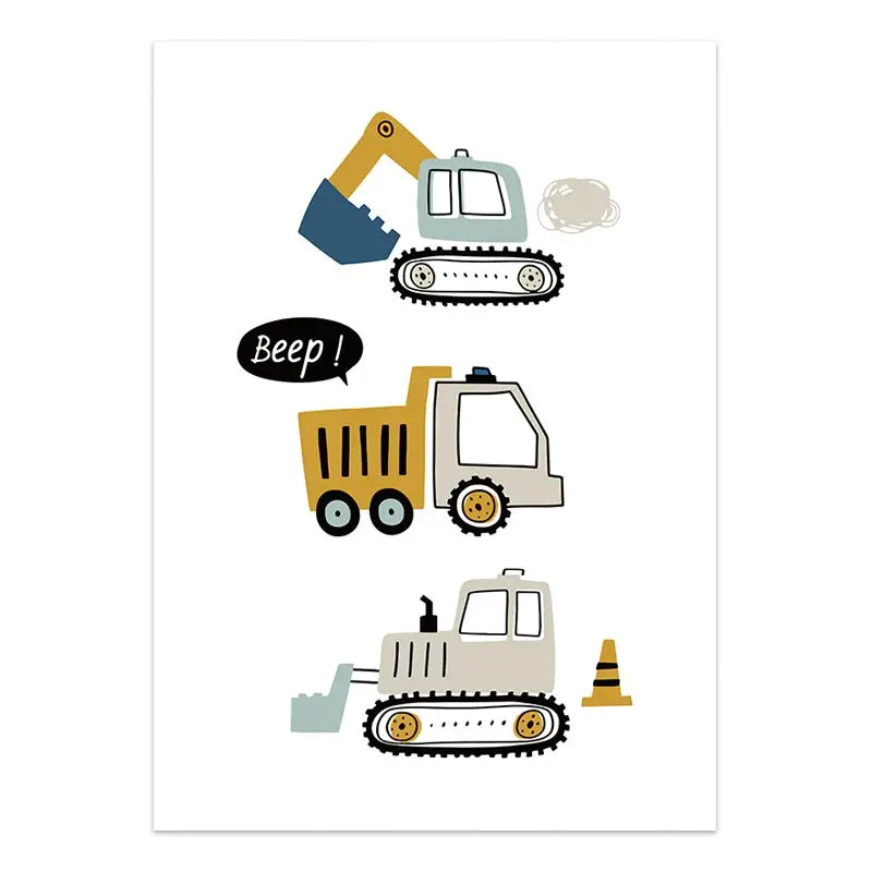 Cartoon Construction Vehicles Canvas Wall Art | Boys Nursery