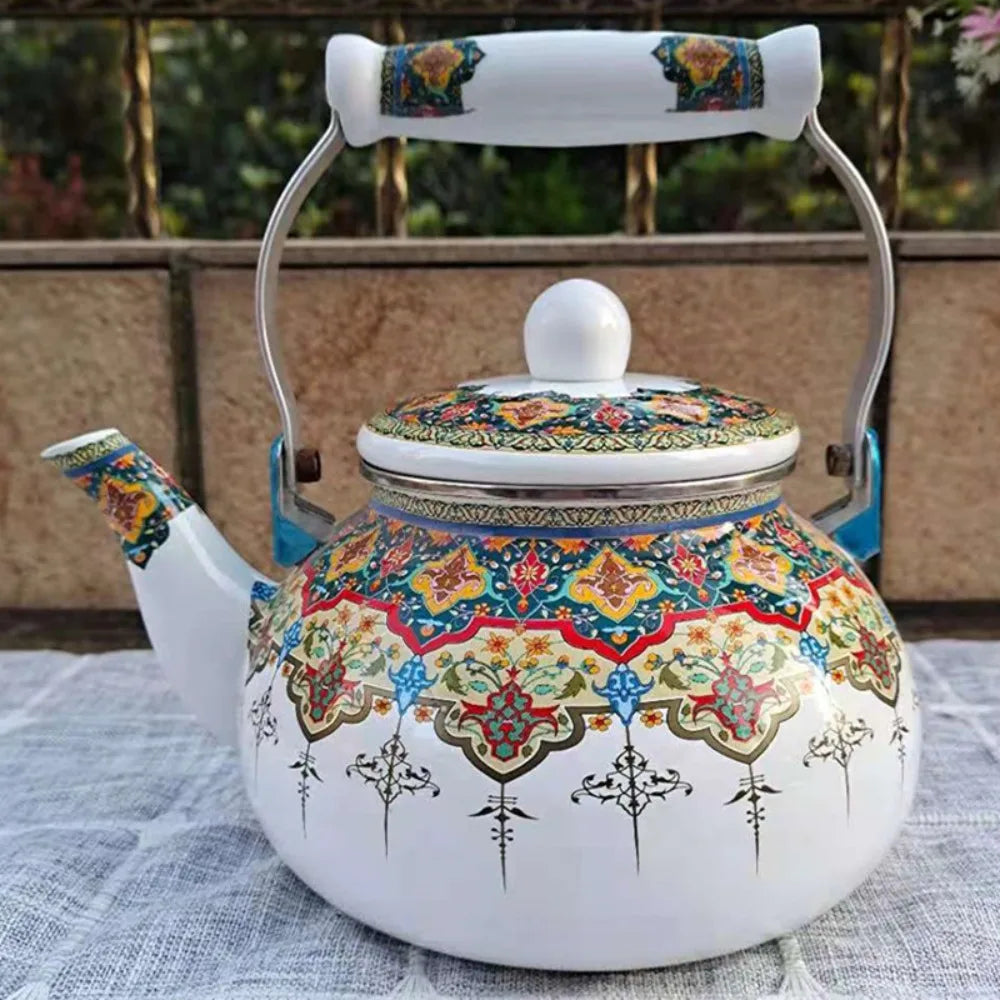 Chinese Style Enamel Teapot Floral Enameled 2.5L Gas Water Kettle Antiscald Handle Pear-shaped Coffee Pot Gas Induction Cooker Peaceful Pleasures Health and Wellness K