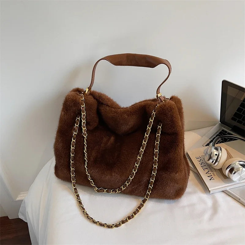 Practical Retro Plush Bag for Women Large Capacity Tote Shoulder Handbag Autumn Winter Fashionable Versatile for Daily Commuting Peaceful Pleasures Health and Wellness Chocolate