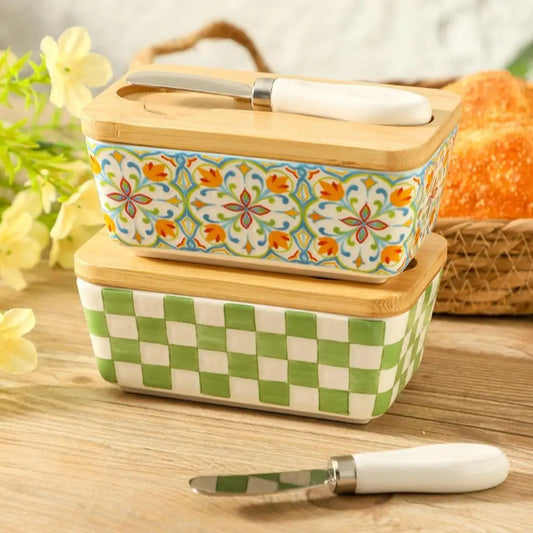 Farmhouse Ceramic Butter Dish with Lid & Knife Set Ceramic Butter Dish Peaceful Pleasures Health and Wellness