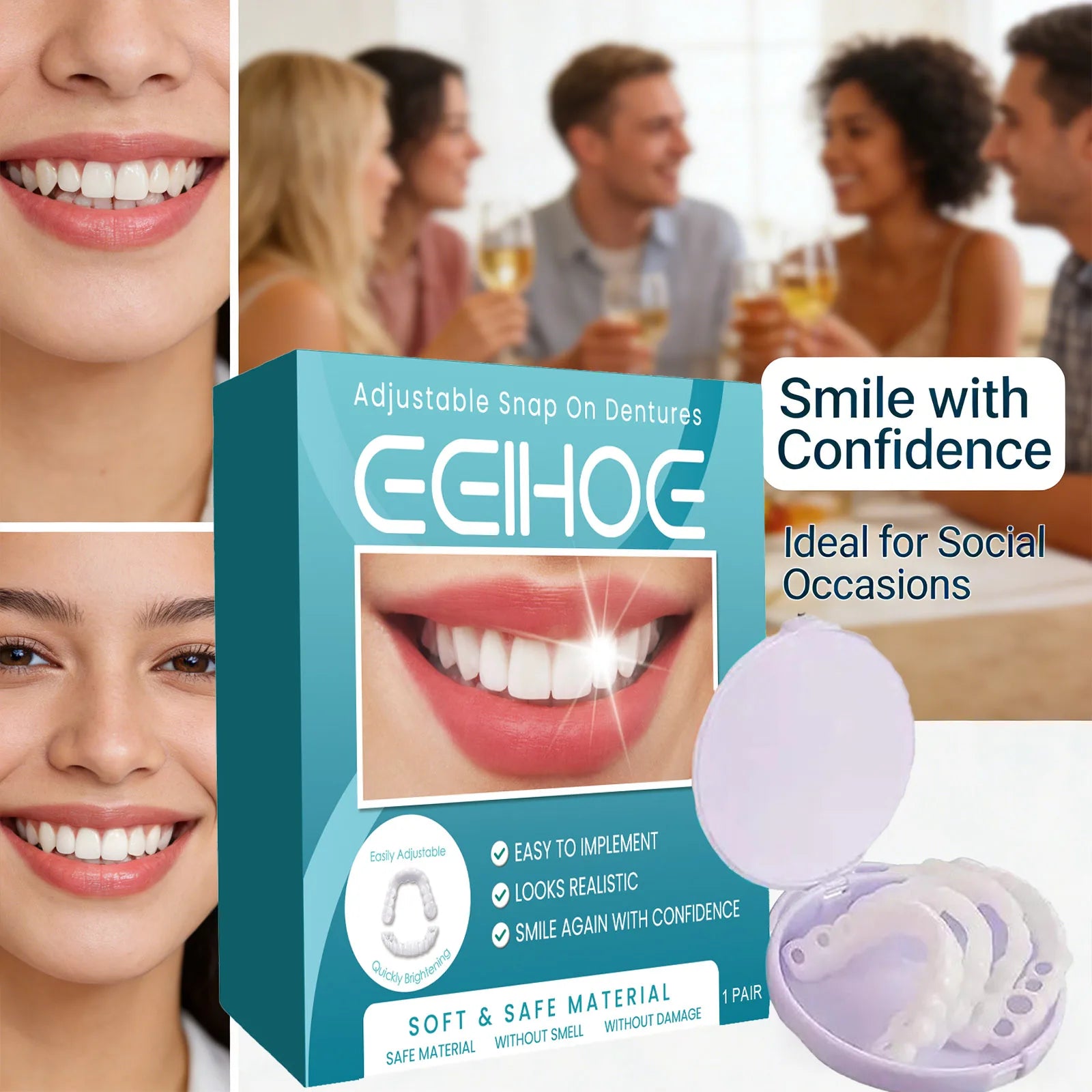 Adjustable Snap on Dentures Help Cover up Dirty Plaque Soft Comfortable Material Natural Tooth Color Adjustable Buckle Dentures Peaceful Pleasures Health and Wellness
